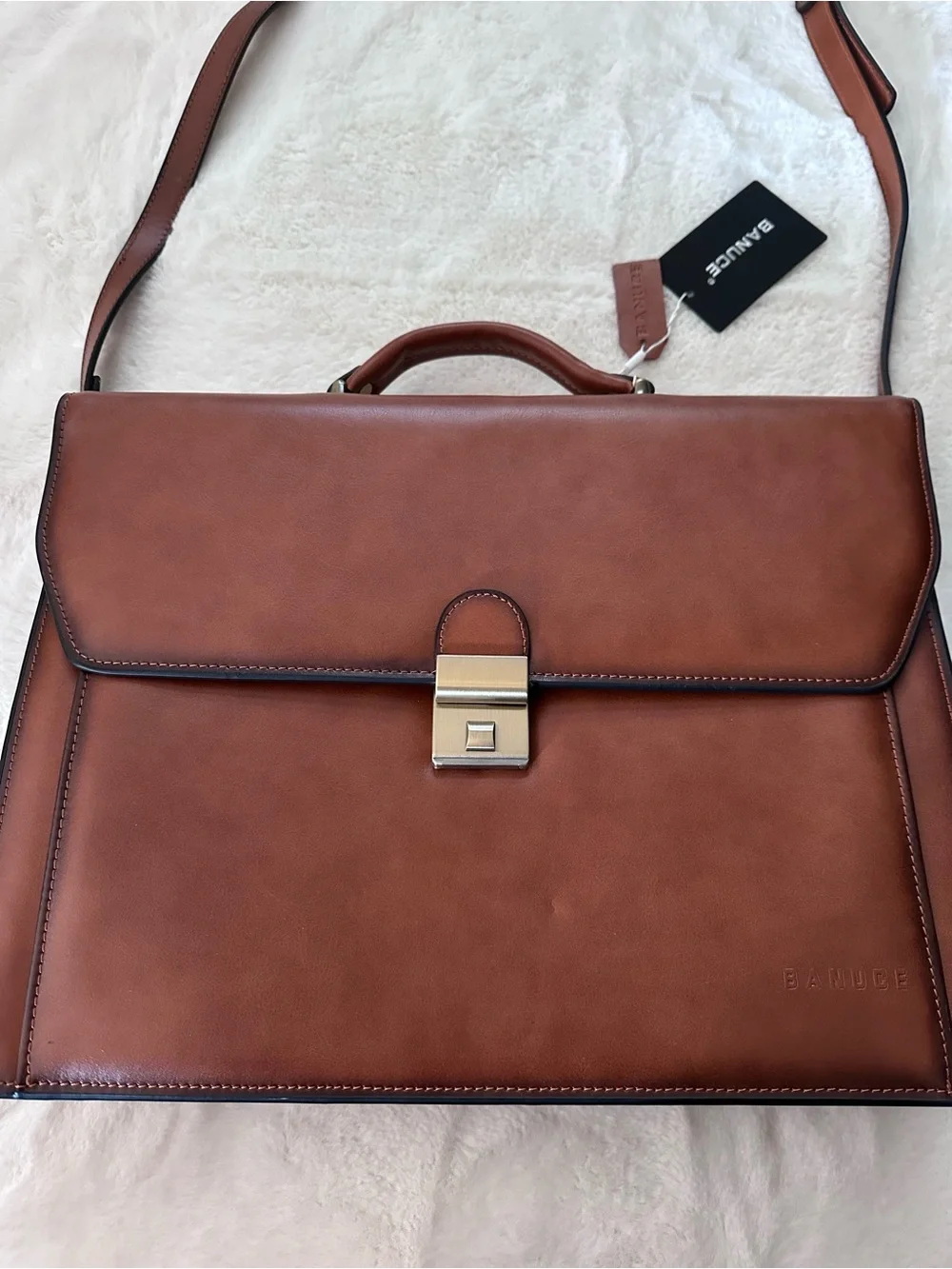 Tan Leather Laptop Briefcase with Shoulder Strap